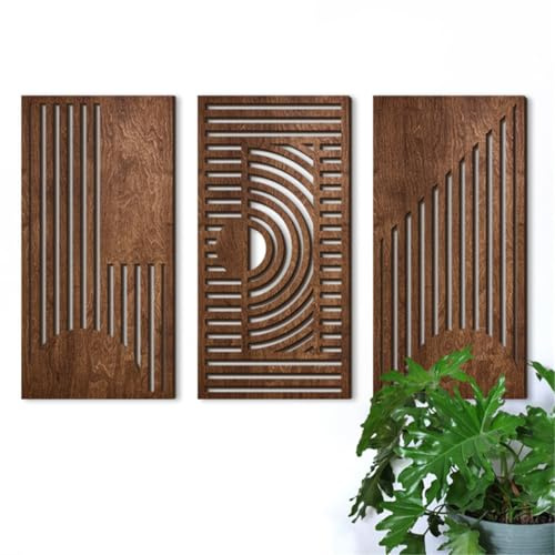 Lot de 3 sculptures murales géométriques en bois pour la maison (B) | Décoration murale minimaliste en bois 3D creux sculpté pour salon, chambre à coucher, cuisine