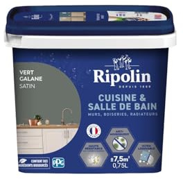 RIPOLIN Peinture Intérieure Cuisine et Bain Lessivable Vert Galane 0,75 L | Peinture Spécialement Conçue pour les Pièces Humides, Technologie 'effet Perlant', Grande Résistance aux Graisses