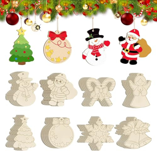Set di 80 ornamenti natalizi in legno da dipingere, 8 stili fai da te, per bambini e adulti, crea le tue palline con spago, fette di legno non finite per decorazioni dell'albero di Natale (legno A, 8