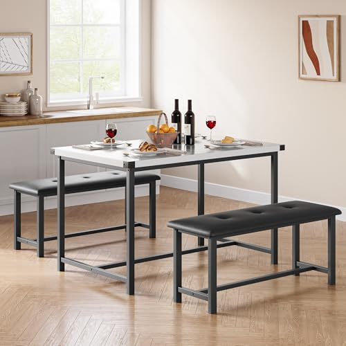 Garvee 3-Piece Dining Table Set, Dining Table with 2 Upholstered Benches, Kitchen Table Set, Dining Room Furniture for Restaurant Dining Room or Living Area