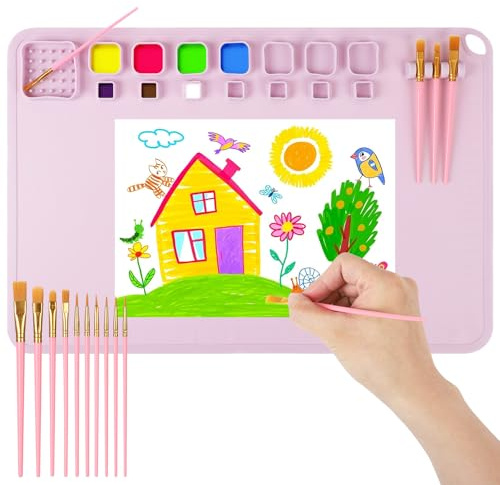 XingFuDM Silikon Malmatte Zeichenbretter, 60 x 40 cm Unterlage Bastelmatte Zusammenklappbar mit Becher, Bastelunterlage Malunterlage Abwaschbar für DIY, Malen, Aquarell, Schneiden, Rosa