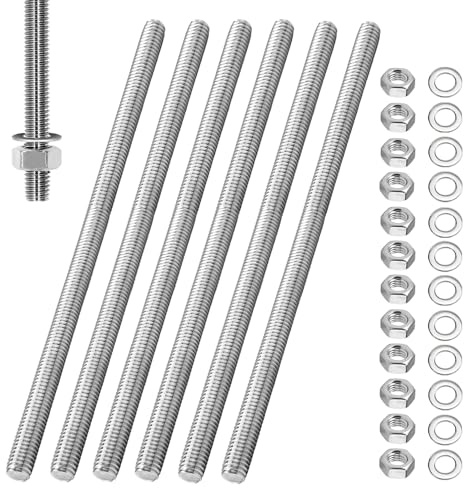 6 aste filettate M10 x 100 mm con 12 dadi esagonali e 12 rondelle | Aste filettate in acciaio inox, per costruzione di mobili, montaggio a macchina