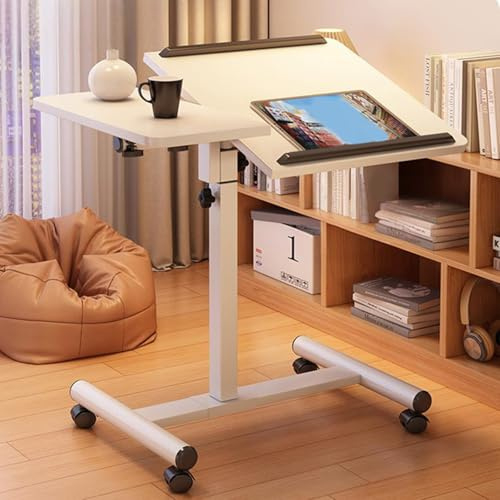ZYZSY Mobiler Beistelltisch Höhenverstellbarer Pflegetisch für Bett mit 4 Rollen, Betttisch neigbar, Pneumatisch Stehpult für Sofa Bett Wohnzimme, Krank(White)