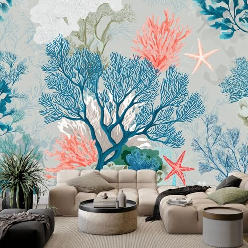 Non-Woven Wall Mural 157 x 110 inch (W x H), Light Gray Photo Wallpaper for Bedroom Living Room Decor -Hand-Drawn Coastal Plants Starfish Wallpaper Mural Decorative Poster
