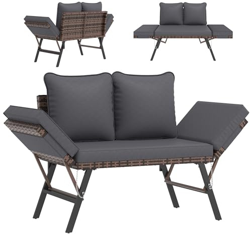 Amopatio Gartenbank Polyrattan mit Liegefunktion – 2-Sitzer Gartensofa mit verstellbaren Armlehnen, wetterfestes Outdoor Sofa für Garten, Balkon & Terrasse, Braun