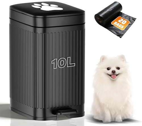 Hahomei Dog Poop Trash Can Outside, 2.7Gal Dog Waste Trash Can with Lid, Foot Pedal, Dog Waste Container with 20 Bags, Pet Poop Bucket with Soft Close for Backyard Odor Control, Black