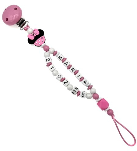 Nuckelkette mit Doppelnamen Geburtsdatum  MAUS  Babyrosa Weiß/Baby/Unisex/Personalisiert/HANDMADE