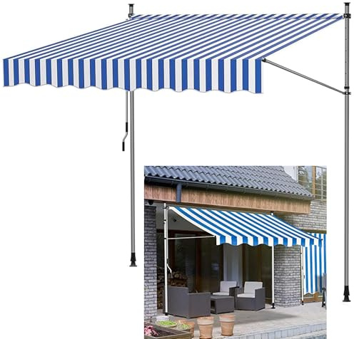Justerbar balkongmarkis ingen borr Klemm handvev, solskydd och regnskydd 250 x 120 cm blå-vit, perfekt för uteplats och utomhus avskildhet