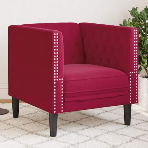 QUAHEAS Chesterfield-fåtölj, vinröd sammet, bekväm loungefåtölj för vardagsrum, robust klubbfåtölj med knapphäft, massiva träben, max. 110 kg lastkapacitet
