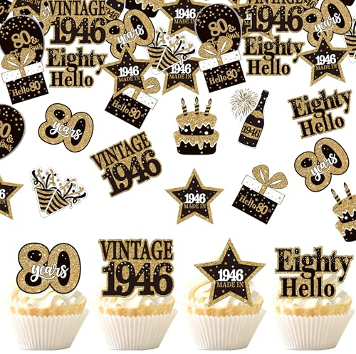SYKYCTCY 63 Pack Edible Happy 80th Birthday Cupcake Toppers Eighty Vintage 1946 Cupcake Picks Cheers to 80 Years Decorations for Happy 80th Birthday Party Cake Decorations Supplies