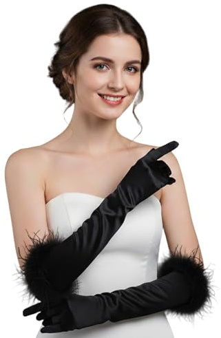 ERRORY Guantes de noche para mujer, color blanco, elegante, dedo completo, de los años 20, guantes blancos para novia, boda, lazo, accesorios de novia, Negro, Talla única