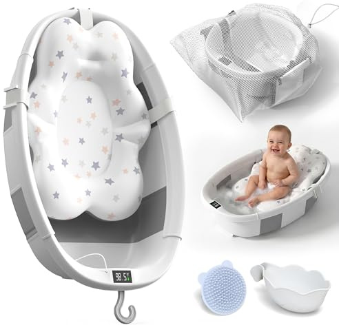 Vasca da bagno pieghevole per bambini, con termometro e cuscino, vasca da bagno portatile da viaggio per neonati, vasca da bagno pieghevole per bambini da 0 a 36 mesi, grigio