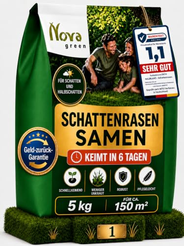 Schattenrasen Samen schnellkeimend Grassamen 5kg Rasensamen Rasensaat | 5 kg = 150 m² | Sommer | für Rasen Neusaat & Nachsaat | SEHR GUT getestet | Schatten & Halbschatten | mit Anleitung