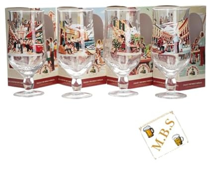 Birra Moretti Limited Edition Collector's Pint Glass, Set of 4, Vintage Italian Scene Design, Gift Boxed with Midlands Bar Suppliers Beer Coaster