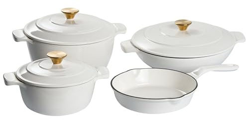 Batería de cocina de 7 piezas de hierro fundido apto para el horno compatible con todo tipo de placas cocina blanco crema Ferrano