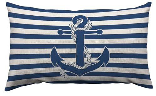 Orythyra Retro Nautical Anchor Decorative Cushion Covers 30 x 50 cm Blue Stripes Pillow Case Cushion Cover for Outdoor Patio Garden Blench Living Room Sofa Farmhouse Decor Rustic Linen 12x20 Inch