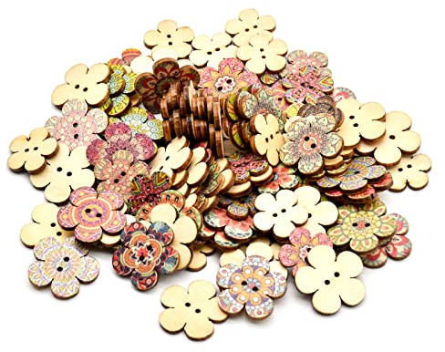 Skyzone Boutons en Bois - 100 Pièces en Forme de Fleur, Rétro Fait à la Main, Décoratifs Imprimés Colorés pour Cardigans, Tricot, Bricolage, Couture et Artisanat