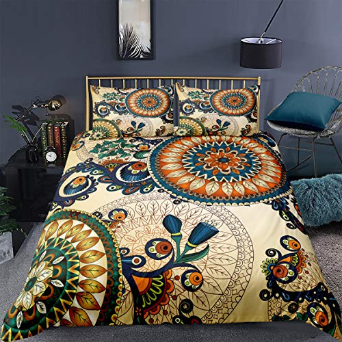 Bettwäsche Boho 135x200 cm 4teilig Mandala Blumen Bettbezug Bettwäsche-Sets | Oeko tex, Microfaser, Bohemian Style, Exotische, Bunt, Reißverschluss, 2 Kissenbezug 80x80 cm