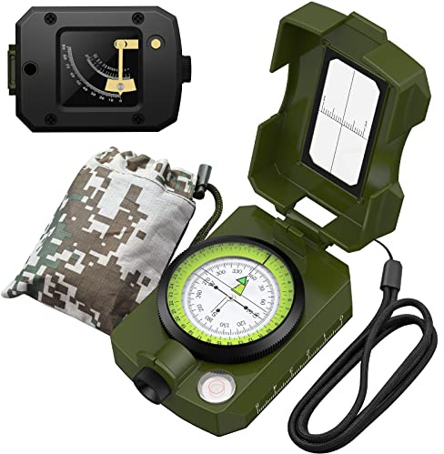 Proster Bussola Professionale in Metallo con Clinometro di Avvistamento Bussola Militare Bussola da Escursionismo IP54 Impermeabile Portatile con Borsa da Trasporto per Campeggio Verde