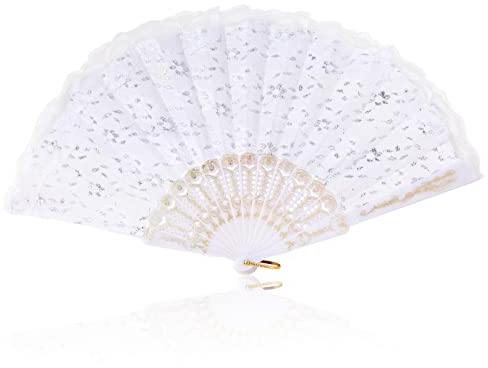lvzhen Hand Fan Folding, Lace Spanish Fan Peacock Pattern Folding Fan Plastic Handheld Fan for Women Suitable for Wedding Engagement Dancing Birthday Party Cosplay (White)