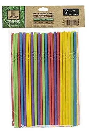 Tessera Bio Products Q0621C3MFSC Flexible Papierstrohhalm in 5 Farben, 0.6cm Durchmesser, 21cm Länge, 1000 Stück