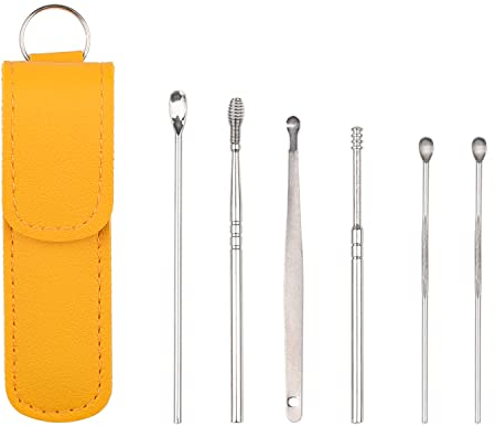 NAUZE 6Pcs Ear Wax Removal Kit Stainless Steel Earwax Cleaner Tool Reusable Metal Ear Cleaner with Portable Bag for Children and Adults(Yellow)