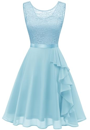 Berylove Kleid mit Rüschensaum Brautjungfernkleider Kurz Festliche Kleid Festlich Damen Cocktailkleider für Hochzeit Brautkleid Hochzeitskleid 7052 Lightblue XS