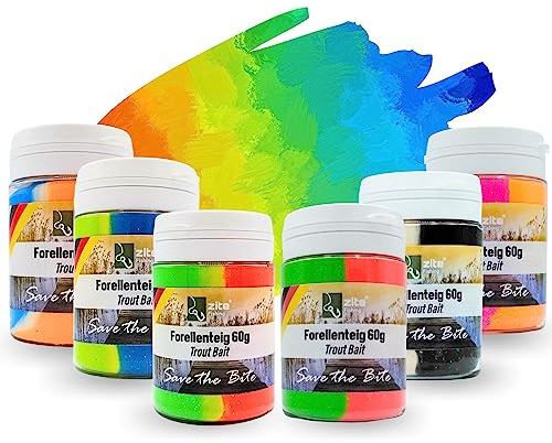 Zite Fishing 6er Forellen Teig-Bundle – Forellenköder Neuheiten - Angelpaste mit Glitter, Spezialaromen & Farben – 6x60g UV Forellenteig mit Knoblauch, Lakritz, Erdbeere & Krabbe Aroma, Forellen Köder