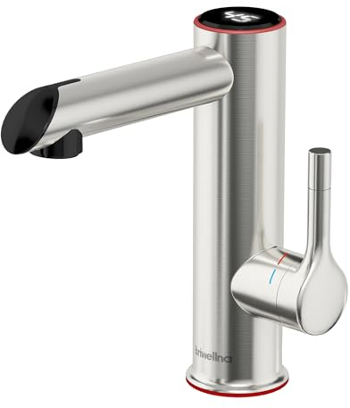Briwellna Stainless Steel Electric Tap, Edelstahl Elektrischer Wasserhahn, 220V Warmwasserhahn, Durchlauferhitzer Wasserhahn für Bad, Elektrische Armatur mit Digitalanzeige (Silber)