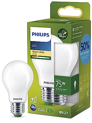 Philips Ultra Efficient - Ultra energy saving lights, LED light source, 75W, A60, E27, Warm White 2700 kelvin, frosted
