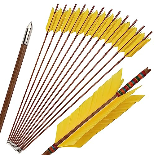 limaity 33Inch Bambuspfeile Traditionelle handgefertigte Bambuspfeile Jagdpfeile Bogenschießen Zielübung Bambuspfeile mit 4 Truthahnfeder für Recurvebogen Traditioneller Langbogen (12, Gelb)