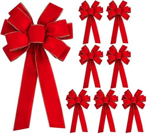 Iceyyyy 8 Pcs Large Christmas Bow-30.7 x 10.6 Christmas Golden Edged Red Velvet Bow-Christmas Tree Topper Ornament Bow for Xmas Home Wreath Decoration