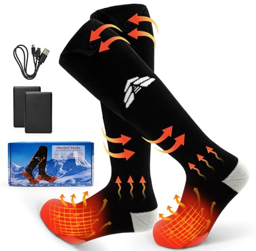 Beheizbare Socken für Männer & Frauen, 5V 5000mAh Batterie Beheizte Socken USB Wiederaufladbar, 3 Temperaturein Stellungen Elektrische Heizsocken, Waschbar für Camping, Radfahren, Wandern