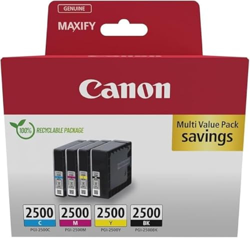 Canon PGI-2500 C M Y BK Vorteilspack 4 Tintenpatronen (Schwarz, Cyan, Magenta, Gelb) Original [Umweltfreundliche Recycle-Kartonverpackung 2024]