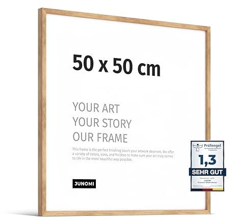 JUNOMI® Premium Picture Frame 50 x 50 cm Oak - Crafted in Real Wood with a Thin Profile, Shatterproof Acrylic Glass, Horizontal and Vertical Hanging Options