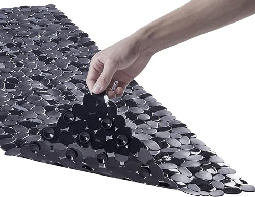 Webos Bath Shower Mat Non Slip: Extra Large Pebble Bathtub mat for Families, Anti Slip Shower Matt with Drain Holes Suction Cups Tub Mat - 16 X 40 Inch Black