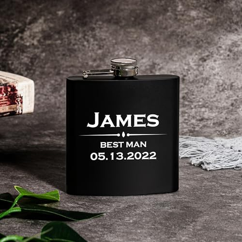 Flasque gravée en acier inoxydable noir avec entonnoir, cadeau de mariage personnalisé pour témoin d'honneur, fête des pères, anniversaire pour homme, père de mariée, marié
