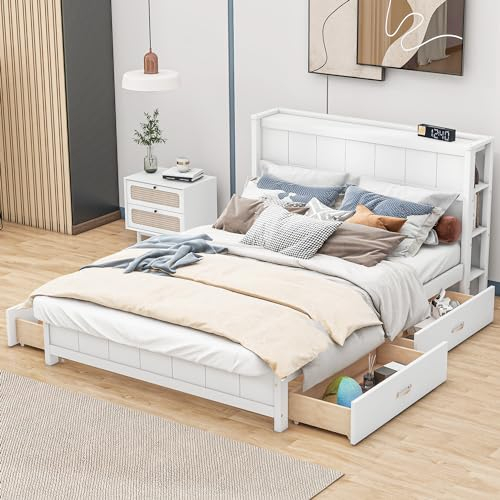 ZYLOYAL10 Plattformbett, Doppelbett, Massivholzbett mit Stauraum am Kopfende und Vier Schubladen unter dem Bett (Weiß, 140x200cm)
