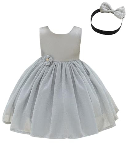 Lito Angels bröllop blomsterflicka julklänning kläder balklänning med pannband för baby barn flickor, rosa guld blå silver, Silvergrå, 5-6 år
