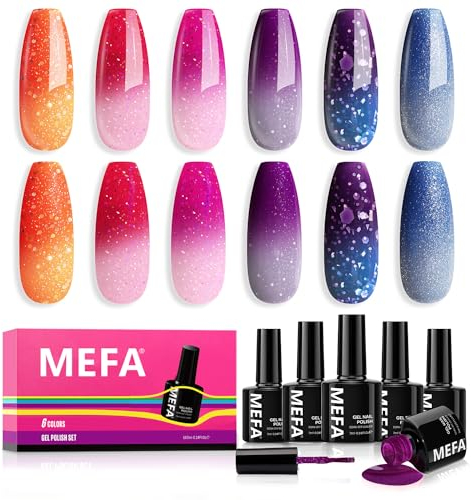 MEFA Smalto Semipermanente Unghie, Termico 6 Colori Smalti Semipermanenti per Unghie, Soak-Off UV Gel per Natale Nail Art Smalto Gel Professionali Kit