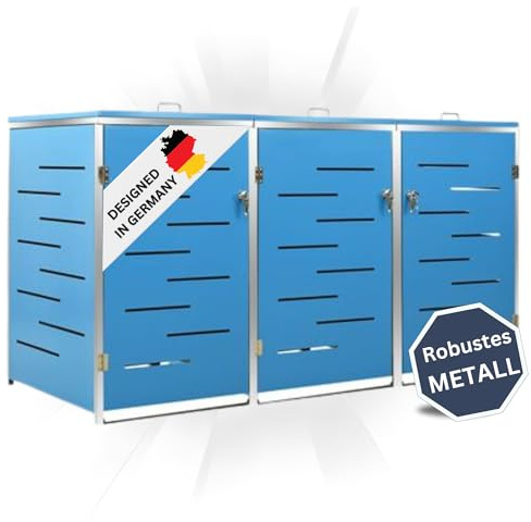 DELUKE 3er Mülltonnenbox JAGU Edelstahl | Blau | 115x207x77,5cm | Mülltonnenverkleidung für 3 Tonnen 240L Müllbox aus Metall Mülltonnenschutz Mülltonnendach
