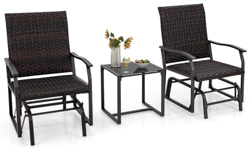 COSTWAY Conjunto Jardin Exterior 3 Piezas de Mimbre, 2 Mecedoras con Espuma, 1 Mesa de Centro de Vidrio Templado, Conjunto Mesa y Sillas Jardin, Muebles Jardin Exterior Terraza Balcon