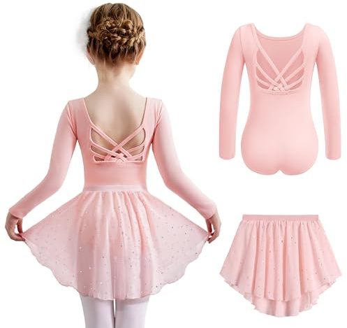 Arshiner Mädchen Ballettkleidung Langarm Ballettkleid Zweiteilig Kinder Baumwolle Tanzkleid Rückenfrei Ballett Trikot mit Tütü Ballettanzug Tanztrikot Ballerina Kleid Rosa 160/9-10 Jahre