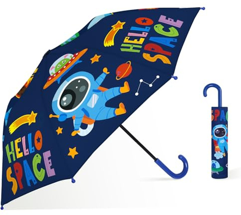decalsweet Ombrello Pieghevole Antivento Bambino con Copertura, Resistente Ombrello Bambina, Facile da Trasportare Ombrello Pioggia, Ombrello Tascabile Bambini con Motivo Carino (Astronauta Spaziale)