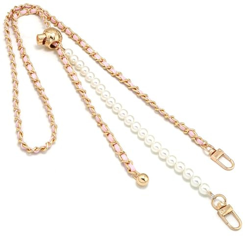 WANYI 120cm Taschenkette Gold Handykette Perlen Kette für Tasche Schulterriemen Leder Verstellbar Metallkette mit Aufgesetzten Perlen für Damen Crossbody Tasche Ersatz-Zubehör (Rosa)