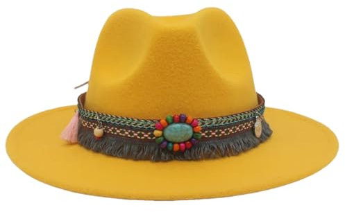 Fedora-Hut für Damen, ethnischer Stil, breite Krempe, Wolle, Quasten-Dekor, Filzhut, Reisekappe, Gelb, Größe L (59–62 cm), gelb, Einheitsgröße