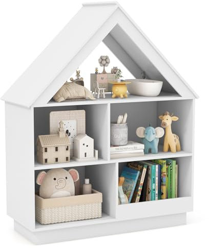 COSTWAY Kids Bookshelf, 3-Tier Children Bookcase Toy Storage Shelf with 5 Cubes, Wooden Doll House Book Shelf for Kids Rooms, Playroom, Nursery, Classroom (White)
