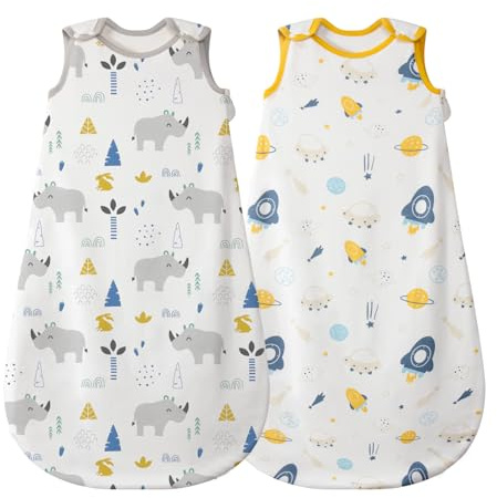 Mosebears Baby sovsäck sommar 2 pack söt djur tecknad tvättbar filt 0,5 tog för flickor och pojkar bärbar filt ärmlös sovsäck(Noshörning Rymdskepp, L(12-18månader))