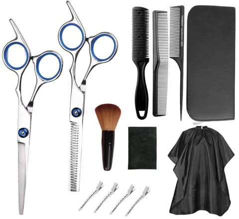 Set Forbici Parrucchiere Professionali 13 Pezzi, Forbici per Capelli in Acciaio Inox con Pettine, Clips, Mantella e Custodia, Kit Taglio Capelli per Uso Domestico o Salone