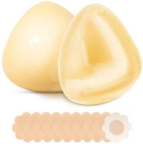 ANGELEMM Sticky Push Up Bra Inserts - Double Sided Sticky Bra Boobspush Up Pads, Women's Adhesive Push Up Bras, Reusable Silicone Stick on Bra Inserts for Swimsuit Sport Bra (UK, Cup & Band, B) Beige